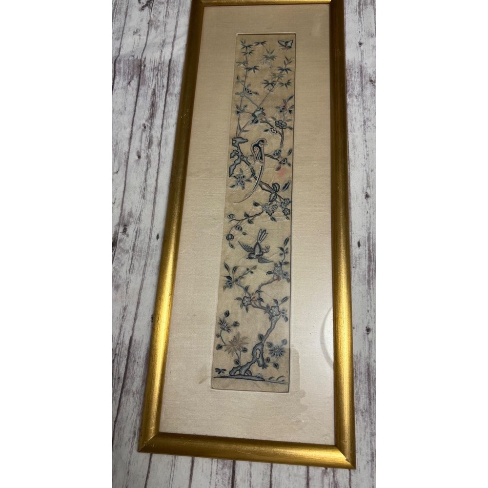 Vintage Chinese Silk Embroidery Birds Flowers Panel Framed Gold Wood 26x9